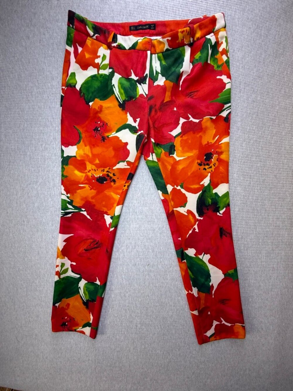 Zara Basic Floral Print Pants Women's Size L Red Orange Green